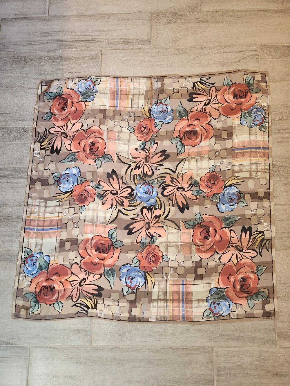 Vintage Elaine Gold Scarf Taupe Tan Red Floral Plaid Roses Framed Square Giant